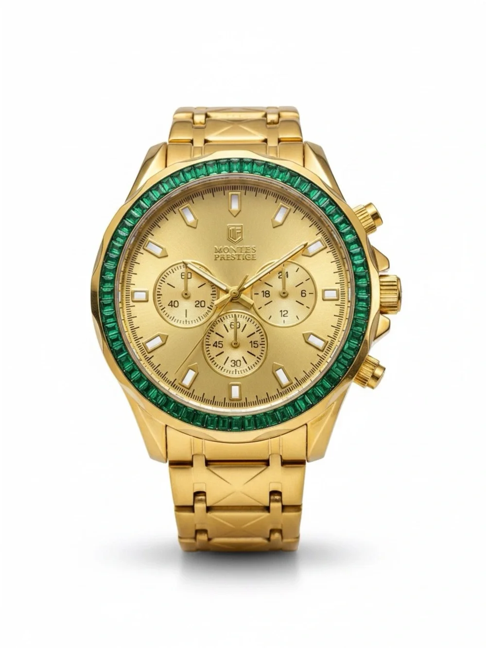 Gold Chronograph Watch with Green Bezel